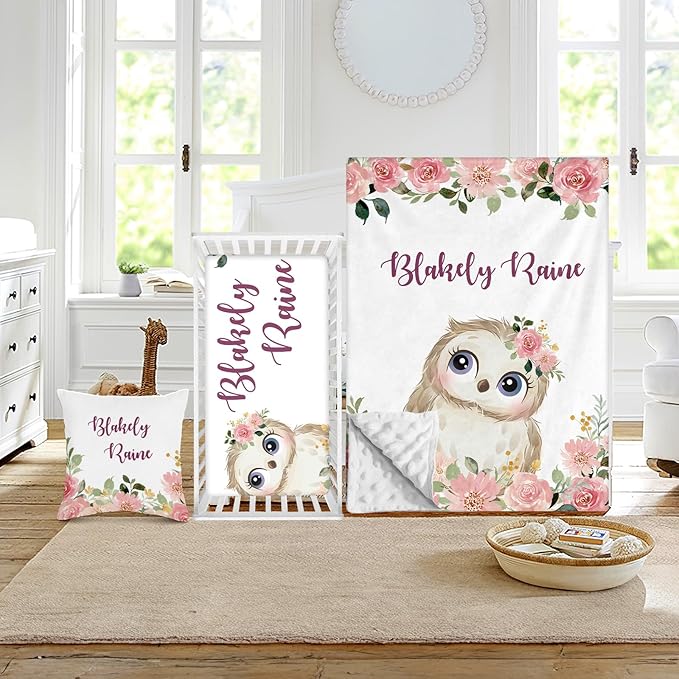 Custom Crib Bedding Set - Owl Design Personalized Name Baby Nursery Bed 3 Pcs Set - Chic Soft Blanket with Dotted Backing, Sheet, Pillowcase for Newborn Girls Boys Gifts Color21-CubbioJoy