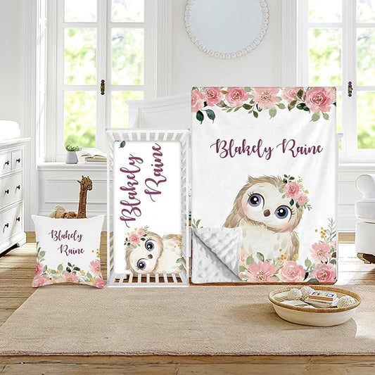 Custom Crib Bedding Set - Owl Design Personalized Name Baby Nursery Bed 3 Pcs Set - Chic Soft Blanket with Dotted Backing, Sheet, Pillowcase for Newborn Girls Boys Gifts Color21-CubbioJoy