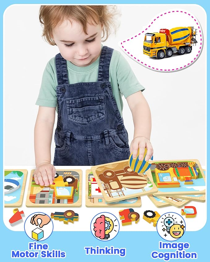 Benresive Wooden Toddler Puzzles, Montessori Toys for 1 2 3 Year Old Boys, Toys for 1 2 3 Year Old Boy Birthday Gifts, 8 Pack Vehicle Toddler Learning Educational Puzzles-CubbioJoy