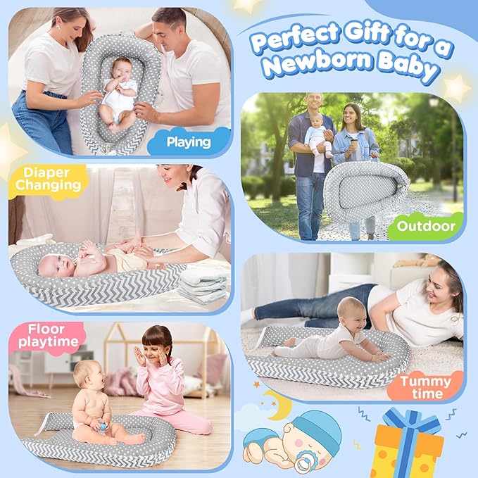 Baby Lounger - Baby Lounger for Newborn 0-24 Months, Breathable and Soft Cotton Cover Baby Nest, Portable Cozy Tummy Time Lounger for Home and Travel, Ideal Baby Essentials & Shower Gifts-CubbioJoy