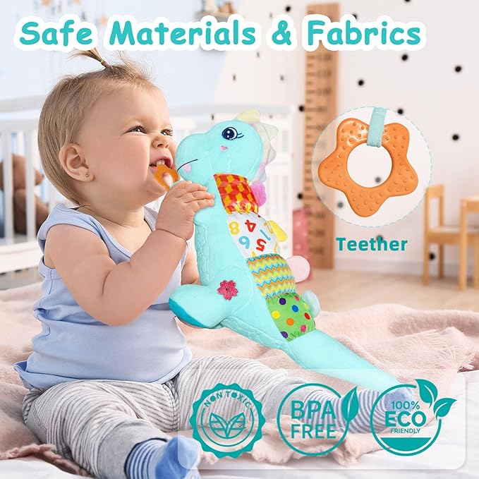 Baby Dino Plush Soft Stuffed Animal Toy for 0-3-6-12+ Months,Infant Musical Toy with Rattle,Squeaker,Sensory Crinkle,Teether & Textures,Tummy Time Toys Christmas Baby Gift for Newborn Girl Boy (Blue)-CubbioJoy