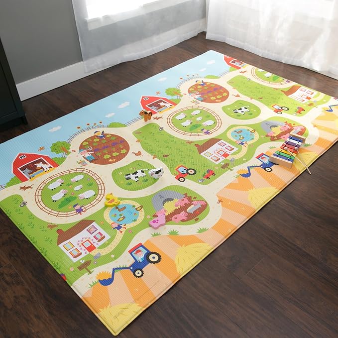 Baby Care Play Mat (Medium, Playful - Busy Farm) 73’’ x 49’’ Original One-Piece Reversible Rollable Waterproof Play Mat for Infants, Babies, Toddler, and Kids-CubbioJoy
