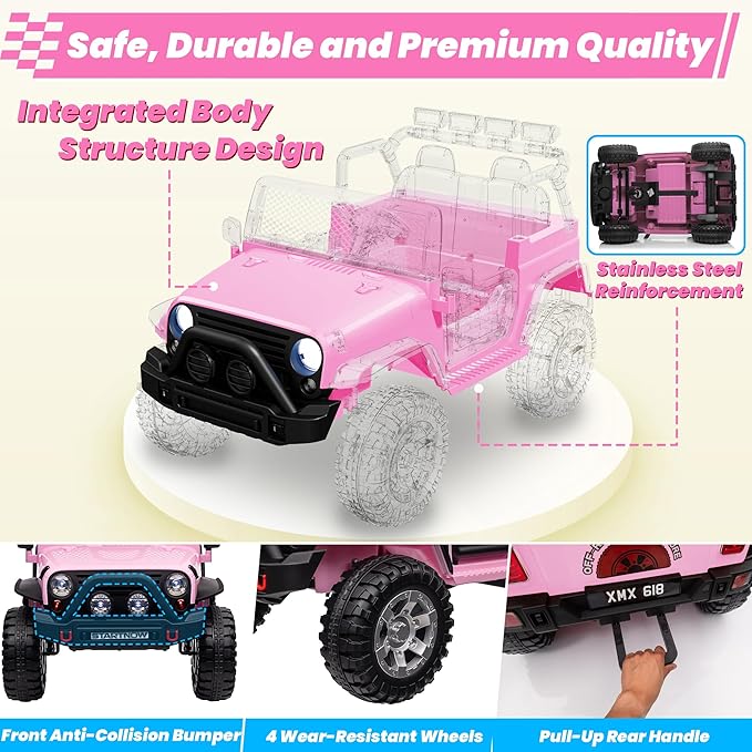 24V 4WD Ride on Truck Car w/800W Motors, Gift Flower, Remote Control, 2 Seaters, Light Bar, 3 Speeds, Pop Music, Power Four Wheels, 25 Volt Ride on Toy Car for Big Kids, Pink-CubbioJoy