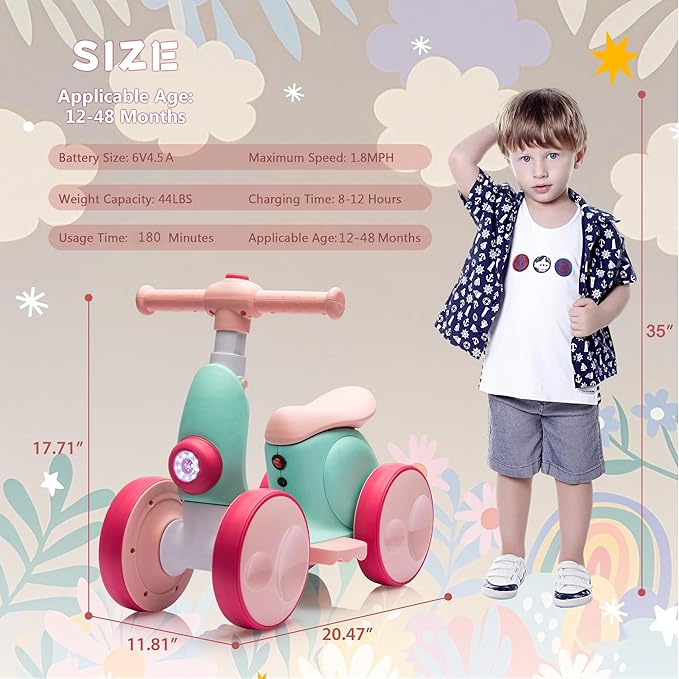 6V Electric Baby Balance Bike for 1 Year Old Boys Girls Ride on Toys 12-48 Months Toddler Balance Bike, 4 Wheels Kids First Bike with Remote Control First Birthday Gifts- Green&Red-CubbioJoy