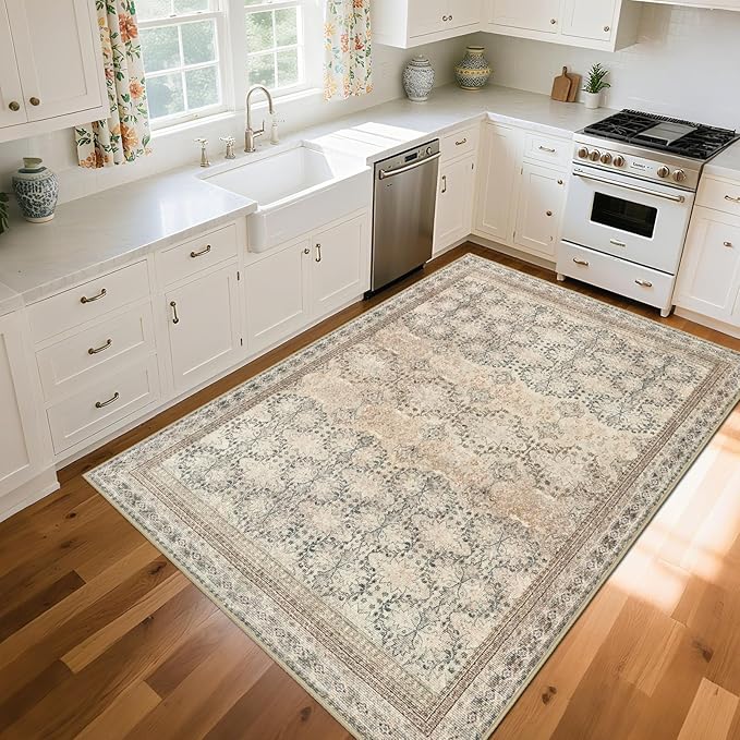 4x6 Area Rug for Bedroom Machine Washable, Non Slip Vintage Floral Kitchen Rugs for Dining Room, Rustic Indoor Floor Carpet for Nursery, Farmhouse, Office Classroom Beige/Pink/Orange-CubbioJoy