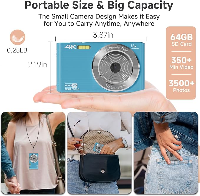 Digital Camera,4K Vlogging Camera for YouTube Autofocus 44MP FHD Camera,16X Digital Zoom Cheap Point and Shoot Digital Camera with 64GB Card for Kids Boys Girls Teens Adult Beginners,2 Batteries(Blue)-CubbioJoy
