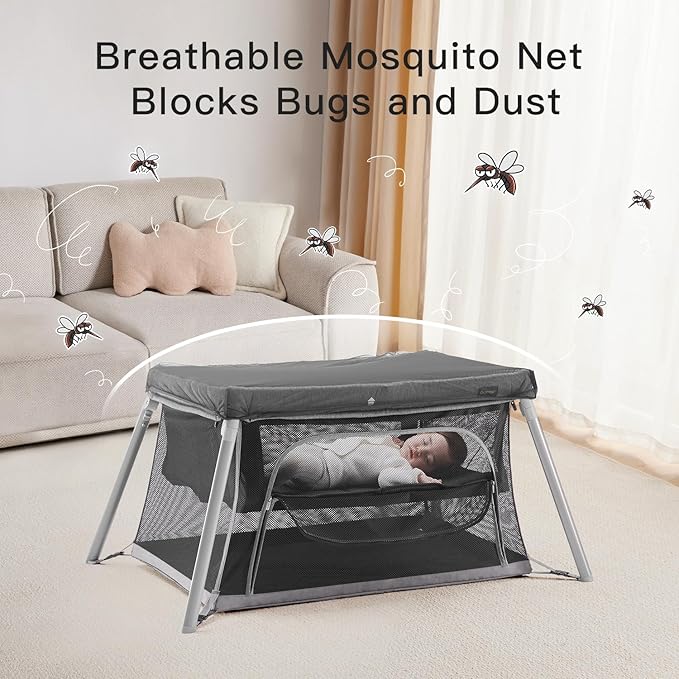 2 in 1 Portable Travel Crib for Toddler, Foldable Crib for Baby, Lightweight Playpen Collapsible Playard with Soft Mattress, Easy to Carry Baby Travel Bed for Outdoor, Indoor (Grey)-CubbioJoy