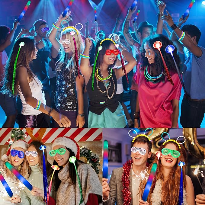 272 PCs Glow Party Supplies, 24 Foam Glow Sticks, 24 LED Glasses and 200 Glow Sticks ＆ Bracelets, 12 Glow sticks headband 12 Fiber Optic Hair Light，Glow Neon Party Favors for Wedding, Concert, Raves-CubbioJoy