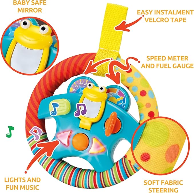 KiddoLab Steering Wheel Toy with Music,Lights,Sounds & Flip Up Mirror - Crib & Stroller Toys with Soft Fabric and Velcro Tap for Easy Attachment. Car Seat Toys for Babies and Toddlers. Ages 3 Months+-CubbioJoy