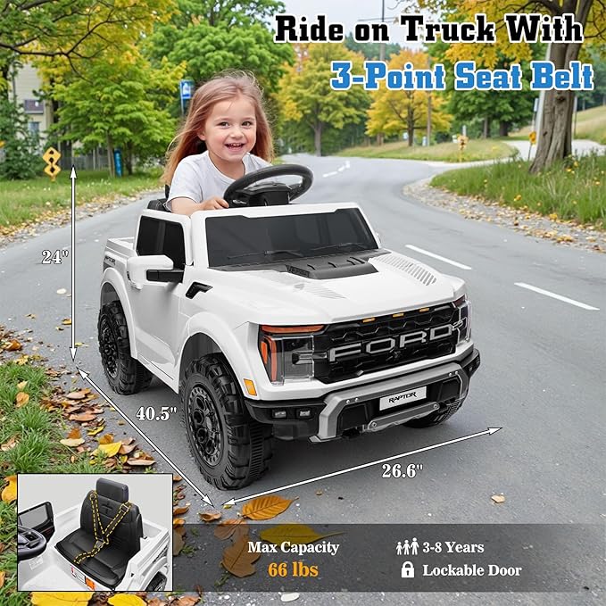 12V Ride on Car Licensed Ford F-150 Raptor, Kids Electric Car with Remote Control, LED Light/Music/MP3, Truck Bed Storage, 3-Point Seat Belt (12V, White)-CubbioJoy