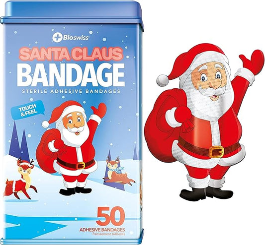 BioSwiss Bandages, Santa Claus Shaped Self Adhesive Bandage, Latex Free Sterile Wound Care, Fun First Aid Kit Supplies for Kids, 50 Count-CubbioJoy