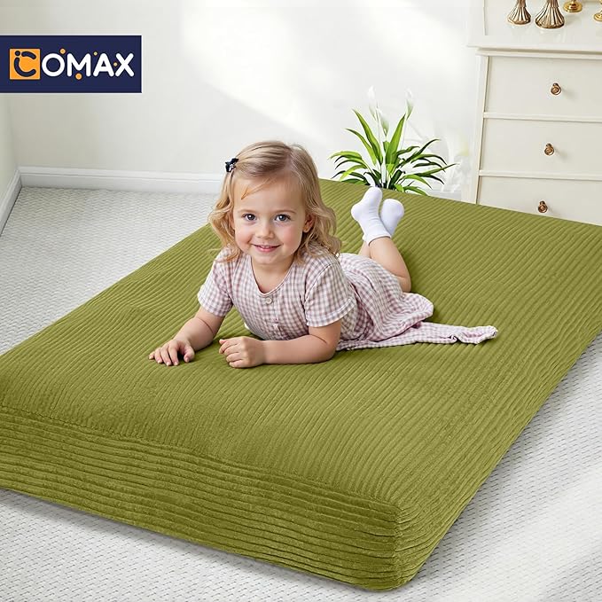 COMAX Kids Bean Bag Chair Turn into Beanbag Bed, Toddler Bean Chair Corduroy for Girl Boy Sleeping, Lazy Children Bean Bags with Filler, Convertible Child Floor Mattress, Light Green-CubbioJoy