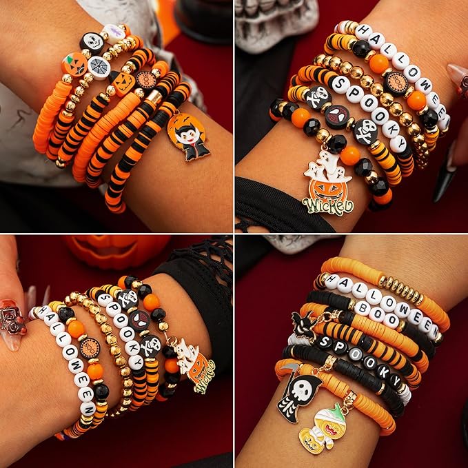 2088pcs Halloween Polymer Clay Beads Bracelet Making kit, 24 Style Cute Fun Beads Skull Pumpkin Beads Charms for Jewelry Necklace Earring Making DIY Accessories for Women Girls-CubbioJoy