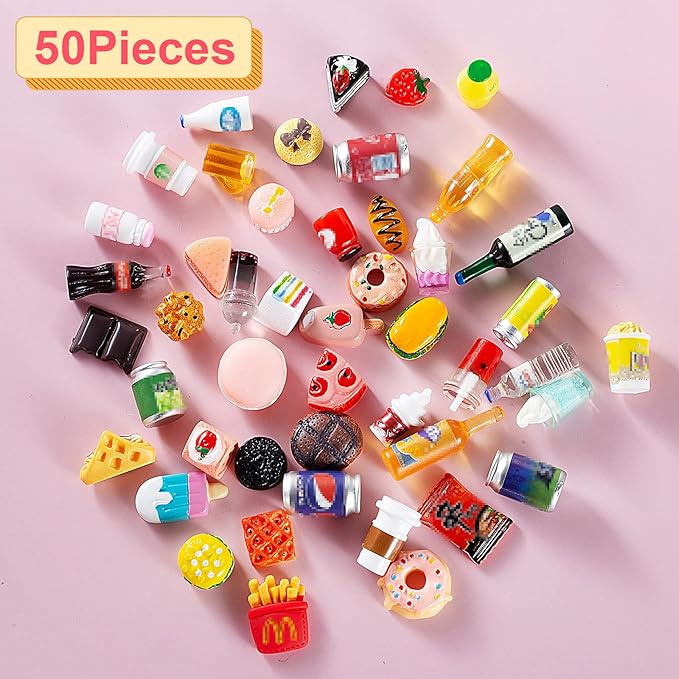 50 Pcs Miniature Food Drink Bottles Soda Pop Cans Pretend Play Kitchen Game Party Accessories Toys Hamburg Cake Ice Cream for 1/12 Doll House (25Food+25Drink)-CubbioJoy