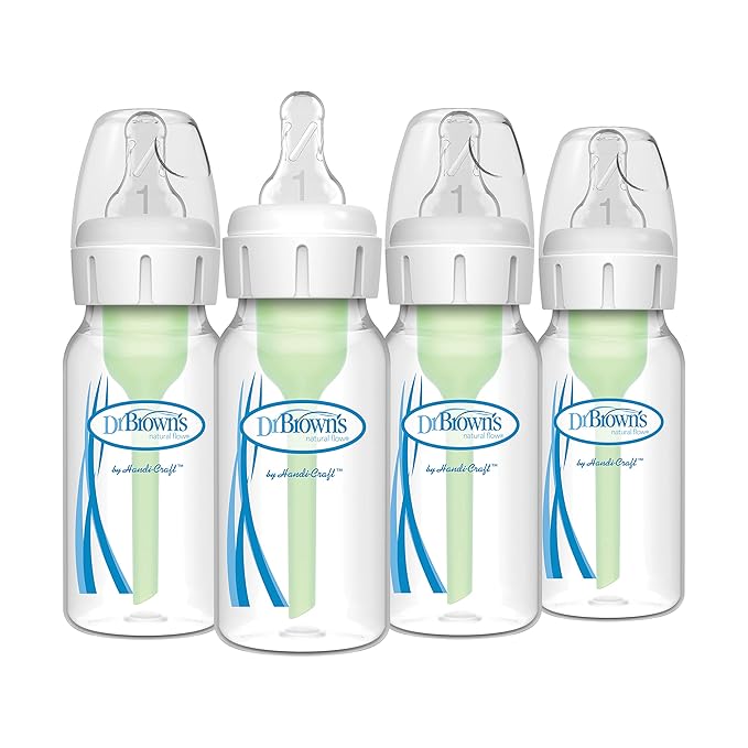 Dr. Brown's Natural Flow Anti-Colic Options+ Narrow Baby Bottle, 4 oz/120 mL, with Level 1 Slow Flow Nipple, 0m+, 4 Bottles-CubbioJoy