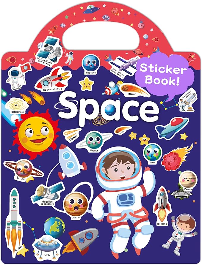 Benresive Reusable Sticker Book for Toddlers 2-4 Years, Fun Travel Stickers for Kids, Waterproof Sticker Books for Toddlers 1-3, Crafts Activities for Todddlers 1-3 2-4 3-5 - Space-CubbioJoy