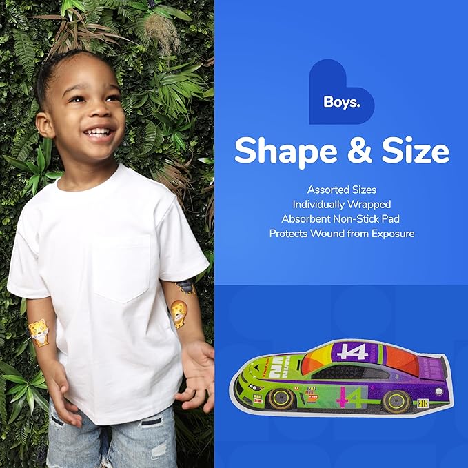 BioSwiss Bandages, Assorted Animal, Fun and Food Shaped Self Adhesive Bandage for Boys, Latex Free Sterile Wound Care, 100 Count-CubbioJoy