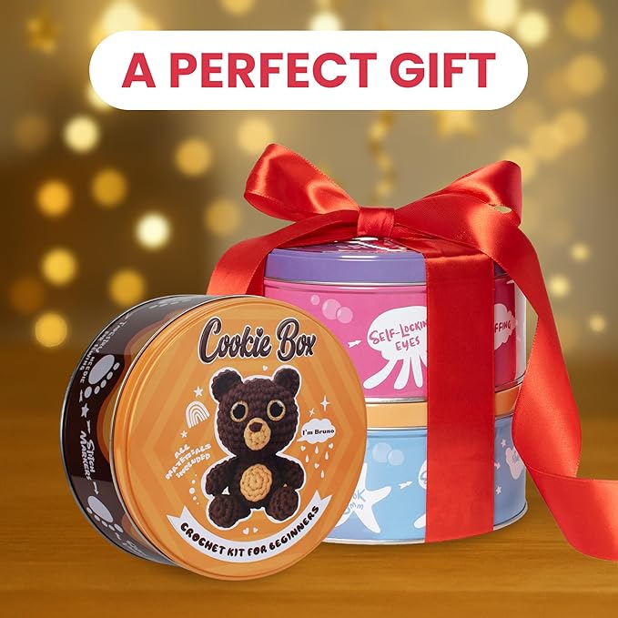 Cookie Box Crochet Kit for Beginners - Learn to Craft Amigurumi Stuffed Animals - Knitting Gift for Kids and Adults - Beginner-Friendly Yarn - Stitch-by-Stitch Video Tutorial - Bear Bruno-CubbioJoy