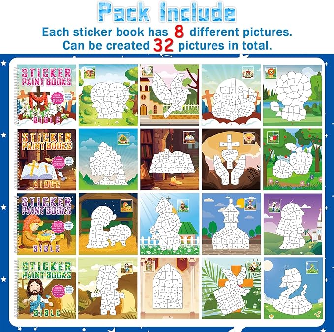 4Pcs Bible Paint by Sticker Books Sticker by Number Books Activity Book Stickers Puzzle Book Christian Craft Art Gift Set Party Favor with Jesus Bible Cross 32 Pictures-CubbioJoy