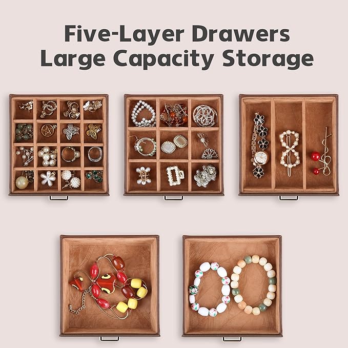 Kendal Jewelry Box, 6-Layer Jewelry Storage Organizer for Necklace Bracelet Rings Watch, 10.2"x8.2"x6" Classic Brown PU Leather 5 Drawers Large Storage Capacity with Mirror-CubbioJoy