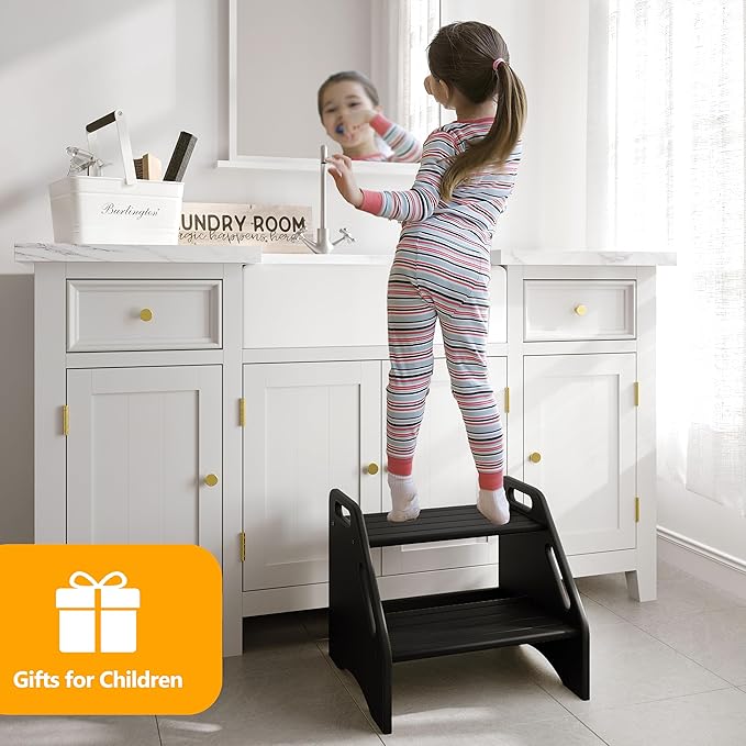 AMBIRD Wooden Step Stool, Two Step Stools 300 lbs Capacity with Safety Non-Slip Pads and Handles, Bamboo Step Stool for Bathroom, Kitchen Dual Height Step Stools for Adults (Black)-CubbioJoy