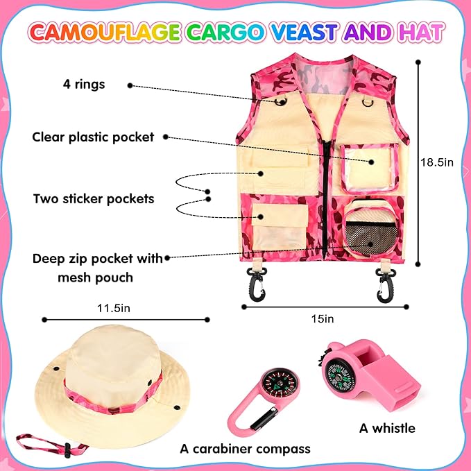 INNOCHEER Kids Explorer Kit & Bug Catcher Kit & Safari Costume Kit, Outdoor Exploration Set with Hat, Vest, Butterfly Net and Bugs Book for Boys Girls 3-12 Years Old (Camouflage Pink)-CubbioJoy