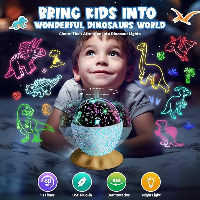 Dinosaur Toys for Kids Age 3-12: Wired Dinosaurs Egg Night Light Gifts for Boys 4 5 6 7 8 9 Year Old 2-in-1 Dino & Star Projector with 360° Rotation Timer for Boy Ages 3-5 Birthday Easter Gifts Decor-CubbioJoy
