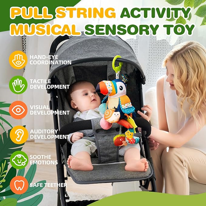 Jollybaby Musical Activity Pull String Hanging Toy for Baby Stroller Car Seat Crib Play Gym, Plush Stuffed Toucan Toy for Carseat with Music Teether Rattles, Sensory Toy for Baby Gift-CubbioJoy