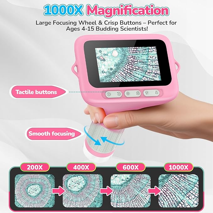 3" Screen Digital Microscope for Kids: 1000X Rechargeable Mini Pocket Portable Miniscope Magnifying Glass 4K Coin Jewelry Loupe Edu Science STEM Toy Xmas Gift 4-12 Boys Girls-CubbioJoy