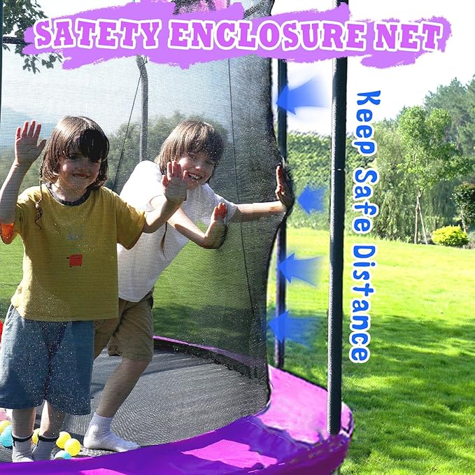 8FT 10FT 12FT 14FT Outdoor Trampoline with Basketball Hoop and LED Lights, ASTM Approved Recreational Trampolines for Kids and Adults with Net and Ladder-CubbioJoy