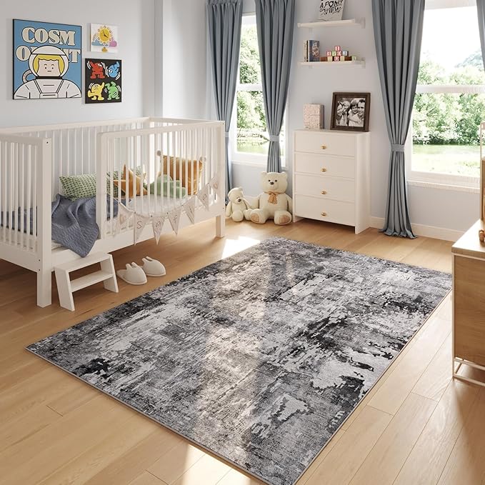 9x12 Rug Washable Boho Rug Soft Large Area Rug Non-Slip Non-Shedding Faux Wool Vintage Rug for Living Room, Farmhouse, Dining Room, Indoor, Kids Playroom, Grey and Black-CubbioJoy
