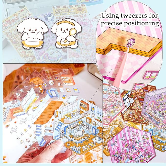 DIY 3D Sticker Scene 6 Sets of Stickers for Girls Make Your Own Mini Room Scene Stickers for Kids Cute Kawaii Sticker Therapy for Adult Relief Stress Pass The Time-CubbioJoy