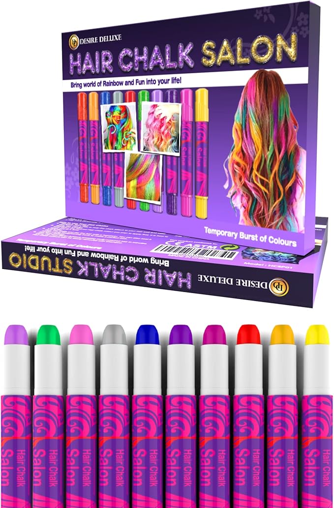 Desire Deluxe Hair Chalk for Girls Makeup Kit of 10 Temporary Colour Pens Gifts, Great Toy for Kids Age 5 6 7 8 9 10 11 12 13 Years Old, "Blue,Green,Grey,Pink,Purple-CubbioJoy