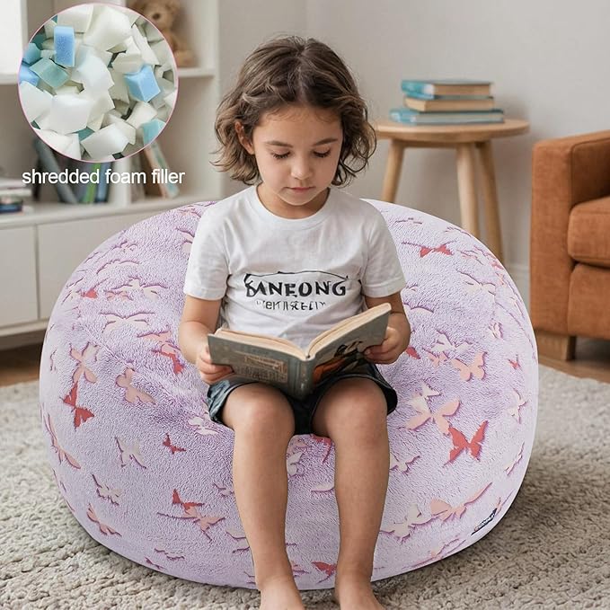 COMAX Kids Bean Bag Chair Turn into Beanbag Bed, Toddler Bean Chair for Girl Boy Sleeping, Lazy Children Bean Bags with Filler, Convertible Child Floor Mattress, Purple Butterfly-CubbioJoy