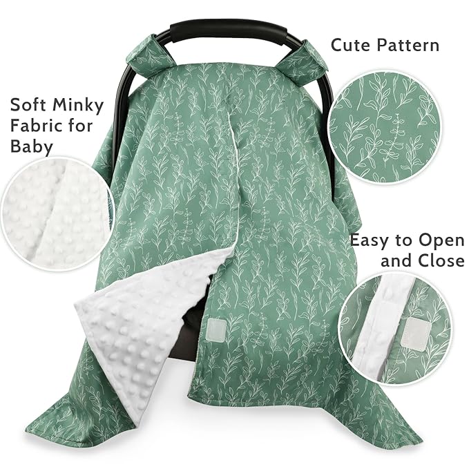 Baby Car Seat Canopy Soft Minky Plush Dotted Backing Baby Car Seat Cover Girls, Infant Carseat Canopy, Stretchy Multi- use Nursing Cover for Stroller/High Chair/Shopping Cart/Car Seat Canopies Sage-CubbioJoy