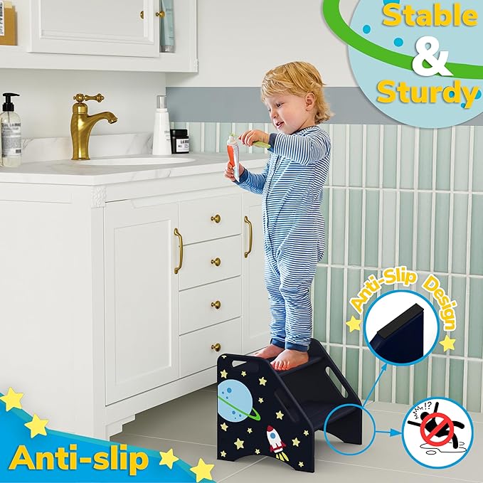 AMBIRD Toddler Step Stool, Space Wooden Two Step Stool for Kids with Non-Slip Pads, Portable Potty Training Stool with Handles for Bathroom, Sink, Kitchen, Bedroom-CubbioJoy