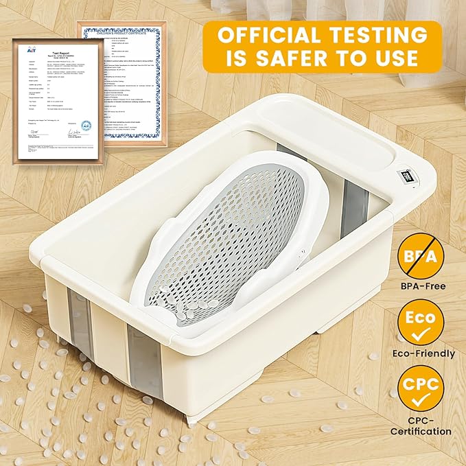 Collapsible Baby Bathtub with Smart Temperature Display & Bath Stand, Portable Travel Bathtub, Ideal for 0-36 Months Infants (Beige)-CubbioJoy