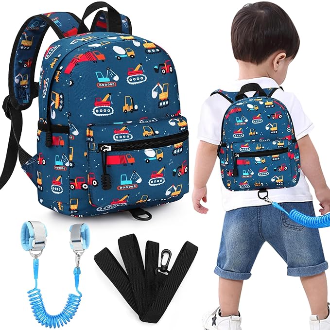 Accmor Toddler Backpack with Leash, Cute Baby Backpack with Anti Lost Wrist Link, Mini Kids Backpack Leash Walking Harness for Travel, Adjustable Excavator Backpack Tether for Boys Girls Ages 1-3-CubbioJoy