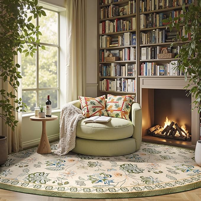 jinchan Floral Corner Rug for Living Room Washable Bedroom Rug Vintage Romance Design Non Slip Quarter Circle Lightweight Low-Pile Throw Carpet for Reading Nook Playroom,8ft Radius, Green/Beige-CubbioJoy
