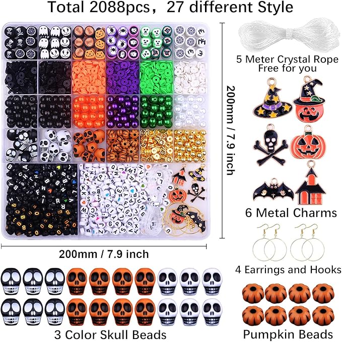 2088pcs Halloween Polymer Clay Beads Bracelet Making kit, 24 Style Cute Fun Beads Skull Pumpkin Beads Charms for Jewelry Necklace Earring Making DIY Accessories for Women Girls-CubbioJoy