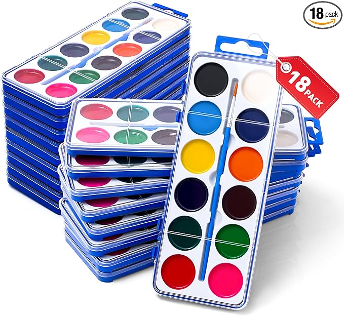 18 Pack Watercolor Paint Set for Kids, 12 Colors Watercolors Paints with Paint Brush, Kids Watercolor Paint Set for Party Favor, Classroom.-CubbioJoy