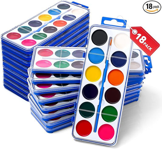 18 Pack Watercolor Paint Set for Kids, 12 Colors Watercolors Paints with Paint Brush, Kids Watercolor Paint Set for Party Favor, Classroom.-CubbioJoy