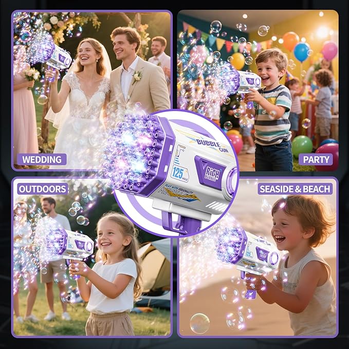 Bubble Gun, 125 Holes Bubble Machine Gun, Bubble Blaster Gun for Kids, Rechargeable Bubble Gun with Bubble Solution, Summer Toy Party Favors Bubble Maker for Wedding Birthday (Purple)-CubbioJoy