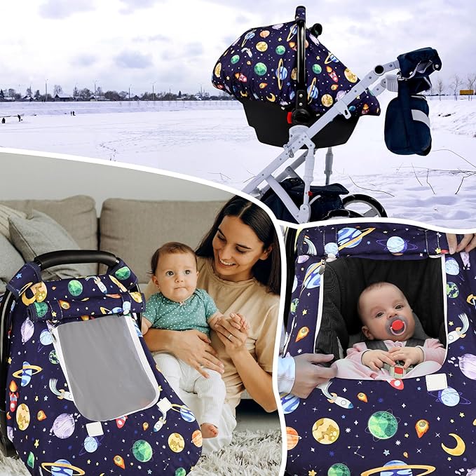 Baby Carseat Cover Winter, Pea Pod Infant Car Seat Covers Canopy for Newborn with 2 Layers Windows of Breathable Mesh/Fabric, Lightweight Polyester/Minky Dot Backing, Snug Fit Most Baby Car Seat-CubbioJoy