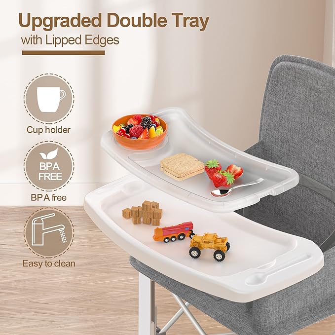 Baby Travel Booster Seat with Double Tray, BabyBond Upgraded Toddler Portable Baby Chair, Booster Seat for Dining Table, Stable and Foldable Booster Baby Chair for Indoor/Outdoor (Grey)-CubbioJoy