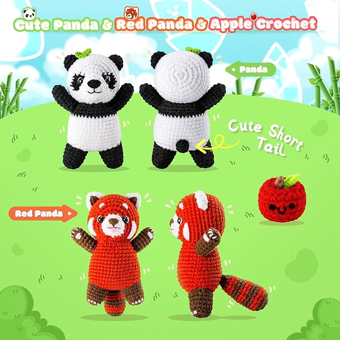 Crochet Kit for Beginners - 2PCS White and Red Panda Crochet Animal Kit with Step-by-Step Video Tutorials, Apple Crocheting Kit, Crochet Starter Kit for Kids and Adults, Beginners Knitting Kit-CubbioJoy