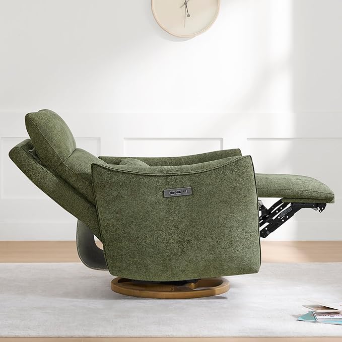CHITA Swivel Rocker Recliner Chair, Power Nursery Glider Recliner, Nursery Rocking Chair with Adjustable Power Headrest, FSC Certified, Solid Wood Base, Moss Green-CubbioJoy