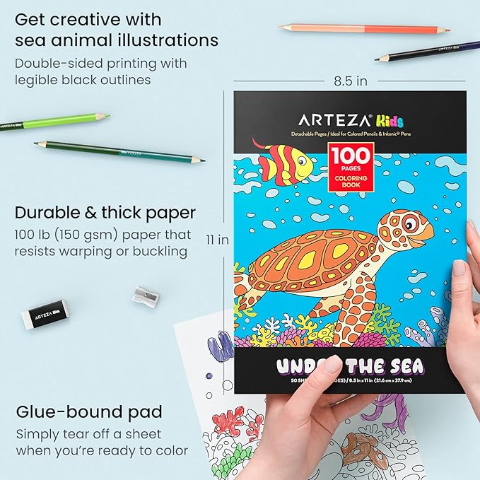 ARTEZA Kids Coloring Book and Colored Pencils Kit, 8.5x11 Inches, Sea Creature Illustrations, 50 Double-Sided Coloring Sheets, 100-lb Paper-CubbioJoy
