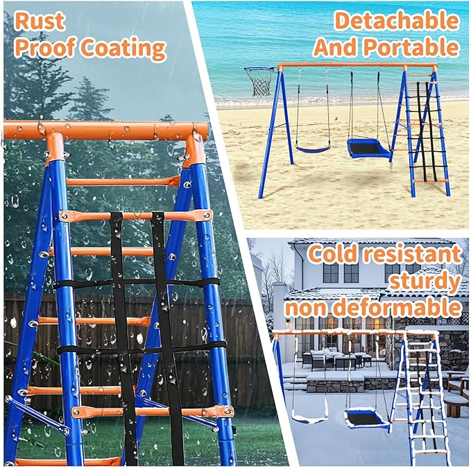 5-in-1 Heavy-Duty Metal Swing Set for Backyard - 500lb Capacity Outdoor Playset with Basketball Hoop & Climbing Rope-CubbioJoy