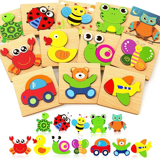 Bekayshad Wooden Puzzles Toddler Toys Gifts for 1 2 3 Year Old Boys Girls, 12 Pack Animal Jigsaw Puzzles Montessori Toys, Learning Educational Birthday Gifts for Girls Boys Ages 1-3-CubbioJoy